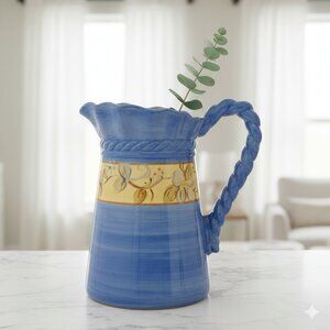 Emilia Hand-Painted Blue & Yellow Ceramic Pitcher 10” NWOT